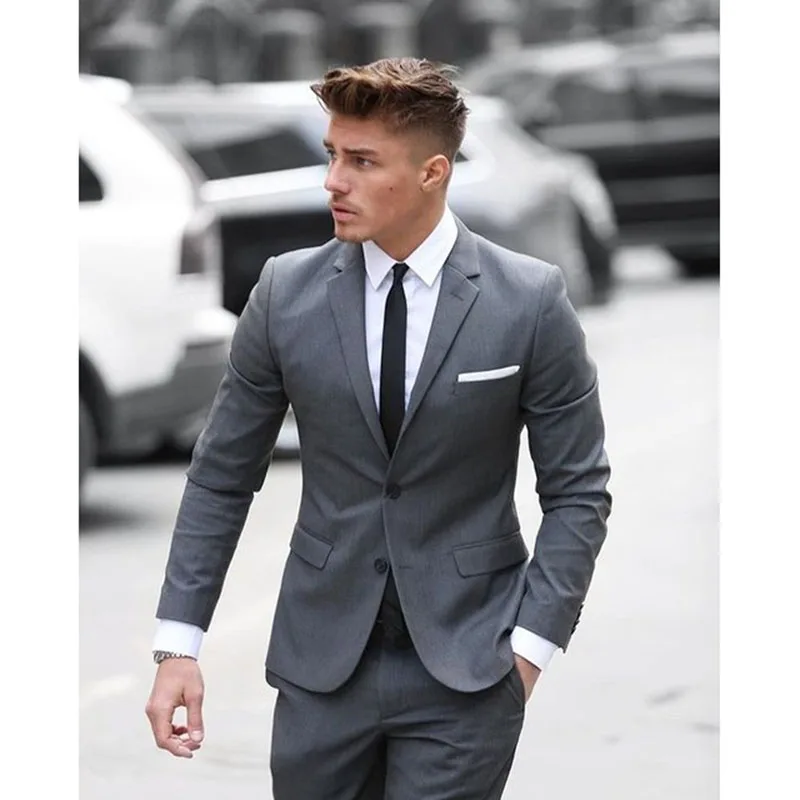 

2019 Latest Coat Pant Designs Grey Men Suit Formal Skinny Business Mens Office Work Suits Blazer With Pants (Jacket+Pants+Tie)