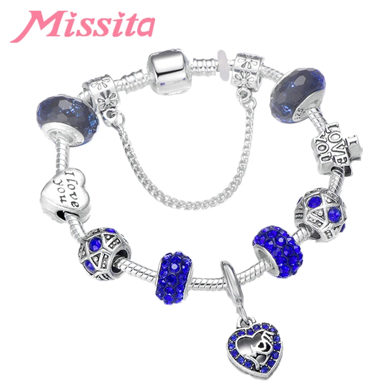MISSITA Серия Love Heart синее Кристальное сердце узор кулон браслет для женщин