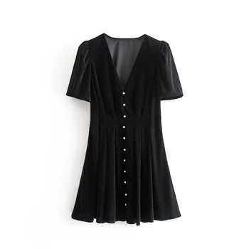 

New Fashion V-collar Short Sleeve Single-row Button Velvet Short Dress for Autumn Women in 2019