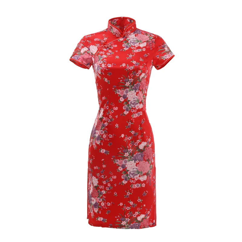Винтажное красное Восточное женское свадебное традиционный ченсам мандарин цветочный воротник короткий Qipao элегантное тонкое летнее платье 6XL