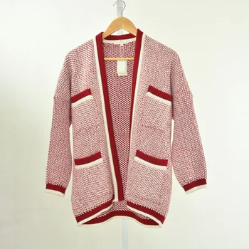 

Women Sweater 2019 Spring Contrast Color Multi-pocket Loose Lazy Fashion Knit Cardigan Sweater