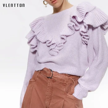 

2019 Autumn Winter Ruffles knitted Pullovers Sweater Women Fashion Elegant Solid Short Sweaters Female Casual Clothes Ladies
