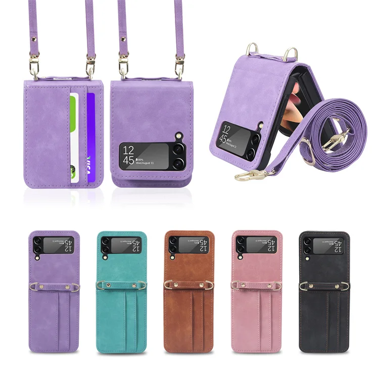 Lanyard Integrated Shockproof Card Slot Leather Case for Samsung Galaxy Z Flip 3 4 Flip3 5G Anti-Scratch Protective Phone Cover samsung galaxy flip3 case