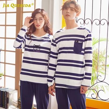 

Printing New Soft Long Sleeve Long Pants Sleepwear Fashion Style Man and Woman Spring Autumn Crew Neck Stripe Blue Pijamas Set