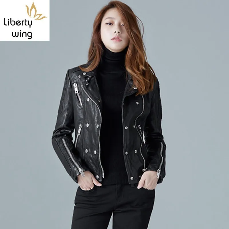 

Womens Spring Slim Genuine Leather European Short Sheepskin Rock Biker Jacket Coat Female Street Style Black Zip Outwear