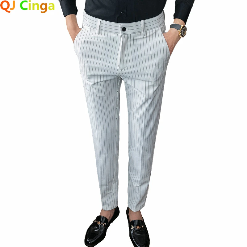 White Vertical Stripes Suit Pants Men, Blue Black Trousers