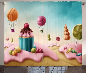 

Fantasy Window Curtains Fantasy Candyland with Cupcake Bonbon Lollipops Food Fairytale Delicious Sweets Living Room Decor