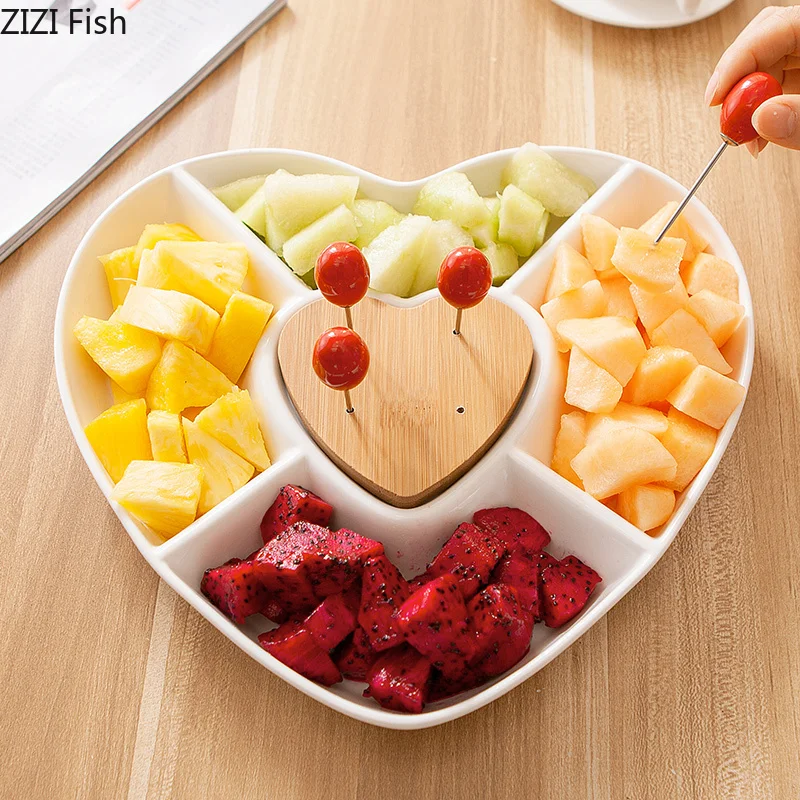 

Heart Shape Fruit Ceramics Plates for Food Four-grid Family Dessert Dish Snack Dish Simple Party Home Maintenance Tray