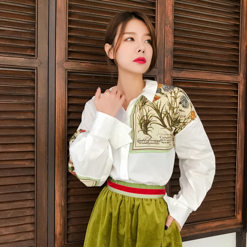 GALCAUR корейский Нерегулярные рукава печати женские рубашки блузка воротник с лацканами рубашка с длинными рукавами Топы женские OL мода