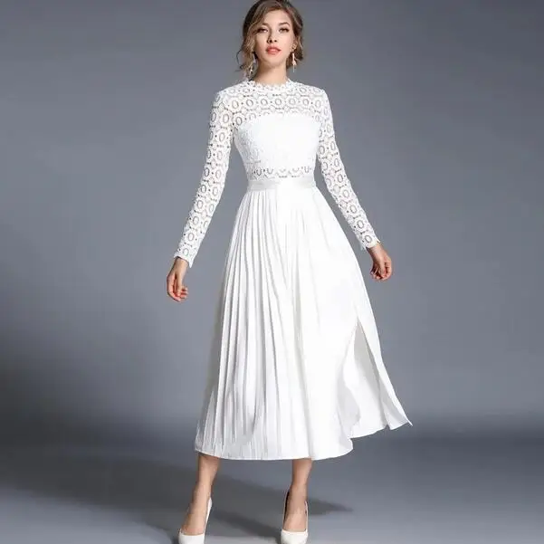 

2019 Autumn Women Lace Patchwork Pleated Maxi Dress Vestidos Robe Slim Long Sleeve O-neck White Evening Party Dresses DC423