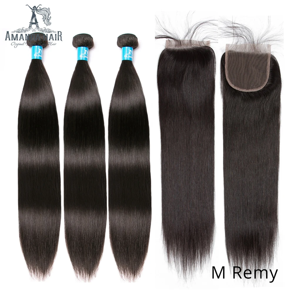 Аманда Малайзии прямые волосы пряди с Закрытие 4x4 Remy человеческие волосы пряди с закрытием /Средняя/три части 130% плотность