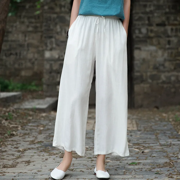Johnature 2020 Autumn Women New Retro Elastic Waist Cotton Linen Lace Up Wide Leg Pants Loose Casual All-match Ankle-length Pant