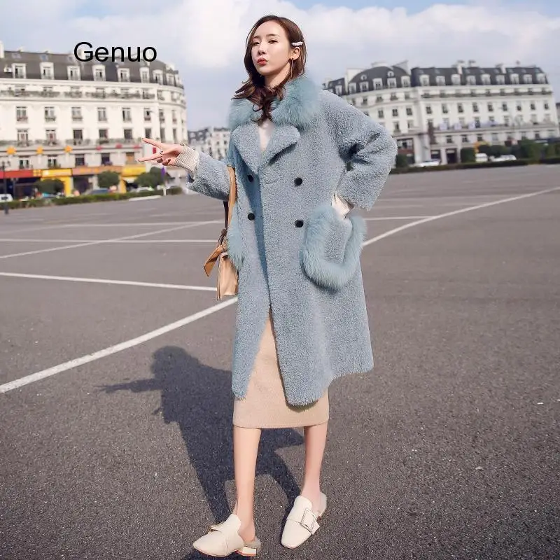 

2020 Autumn and Winter New Lamb Plush Coat Female Turn-Down Collar Imitation Fur Fur One Over Slim Coat Long Section