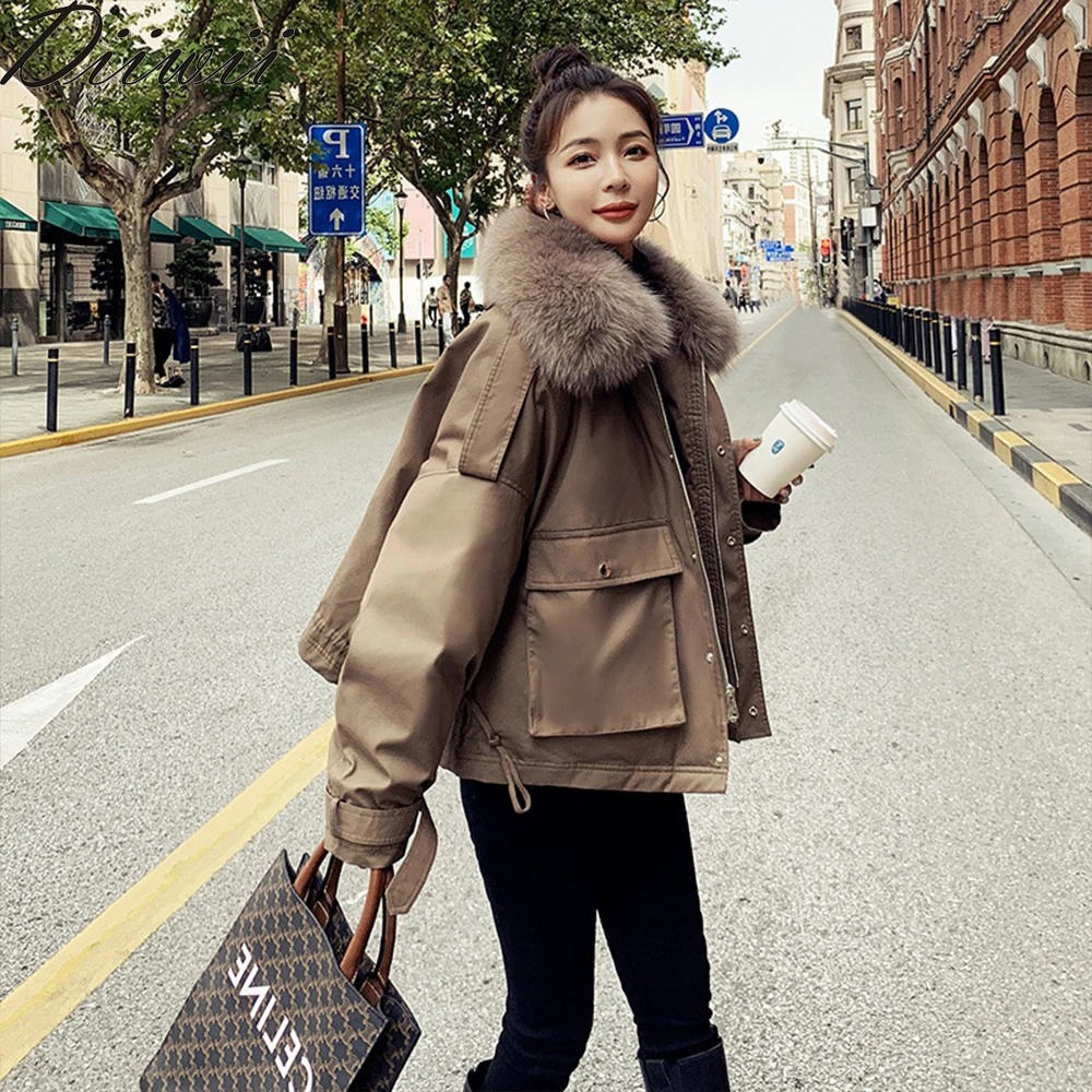 

Diiwii Women Down Coat Winter Vintage Duck Down Jacket Real Fox Fur Collar Warm Coat Thick Loose Down Parkas Outerwear High-End