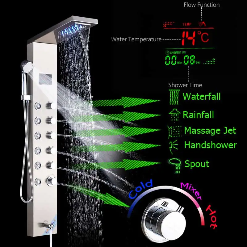 Черная душевая панель для ванной комнаты, светодиодный водопадный кран с цифровым дисплеем, многофункциональный башенный душевой кран, смеситель