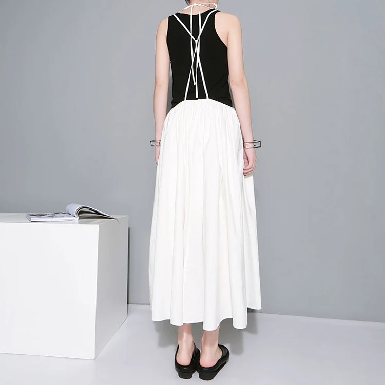 lanmrem New Spring Summer High Elastic Waist White Split Joint Big Size Cross Bandage Half-body Skirt Women Fashion WD813