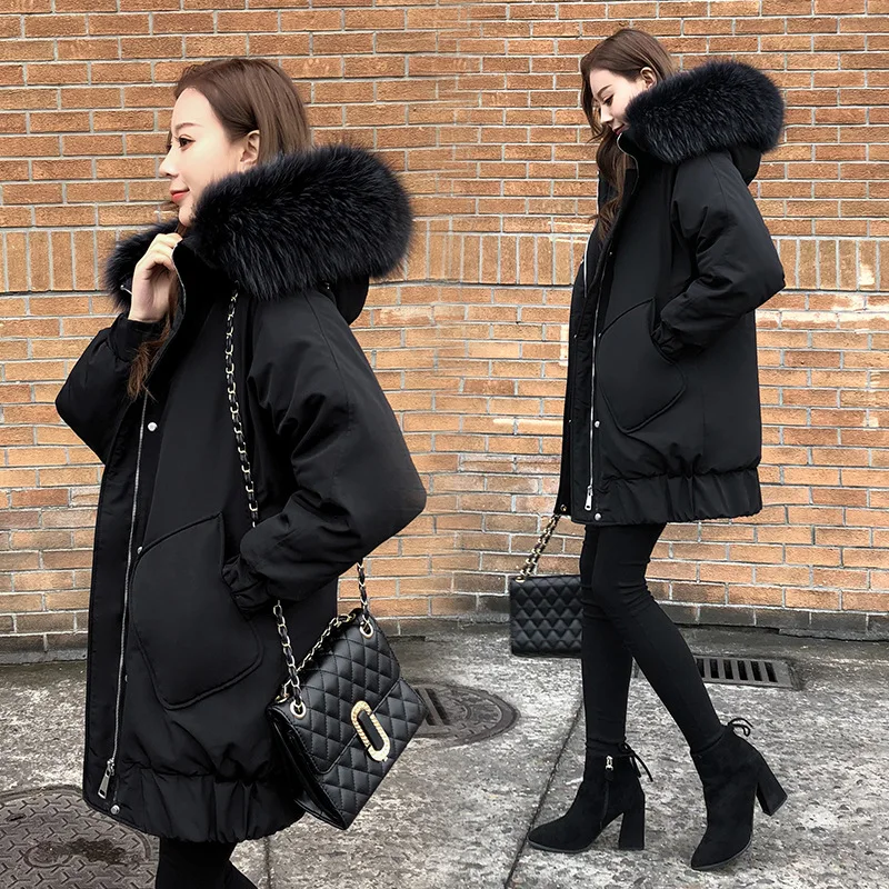 

2019 Winter New Style Fashion WOMEN'S Cotton-padded Clothes Large Fur Collar Korean-style Loose Windproof ling hou Cotton Coat