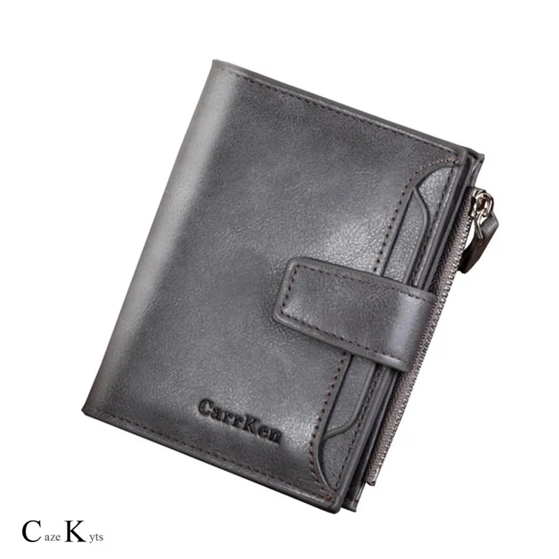 

Caze Kyts new men's short wallet large capacity button zipper wallet oil wax leather soft leather coin purse