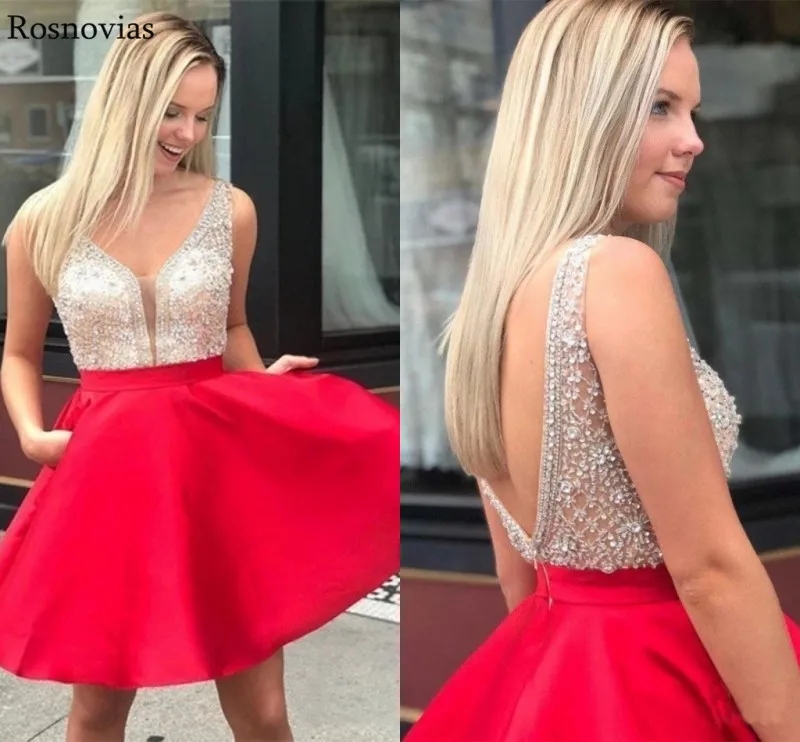 

Short Major Beading Graduation Dresses With Pockets 2019 V Neck Backless Prom Party Gowns Vestidos Mini Homecoming Dresses