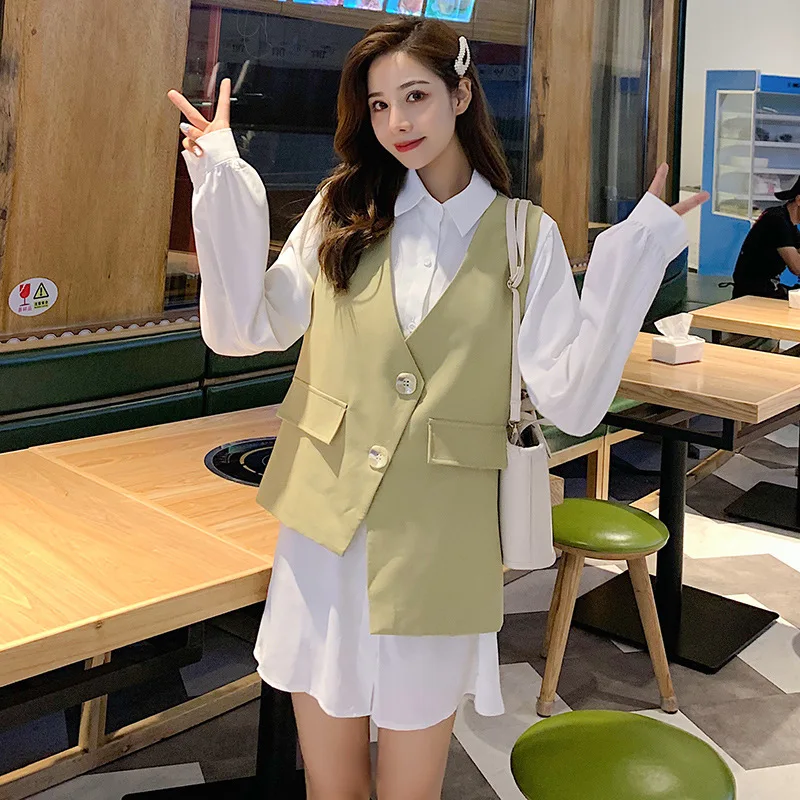 

2019 Autumn New Style Fashion Hong Kong Style Long-sleeved Shirt Simple Loose-Fit Two-Button Waistcoat Two Pieces Young Set Fash