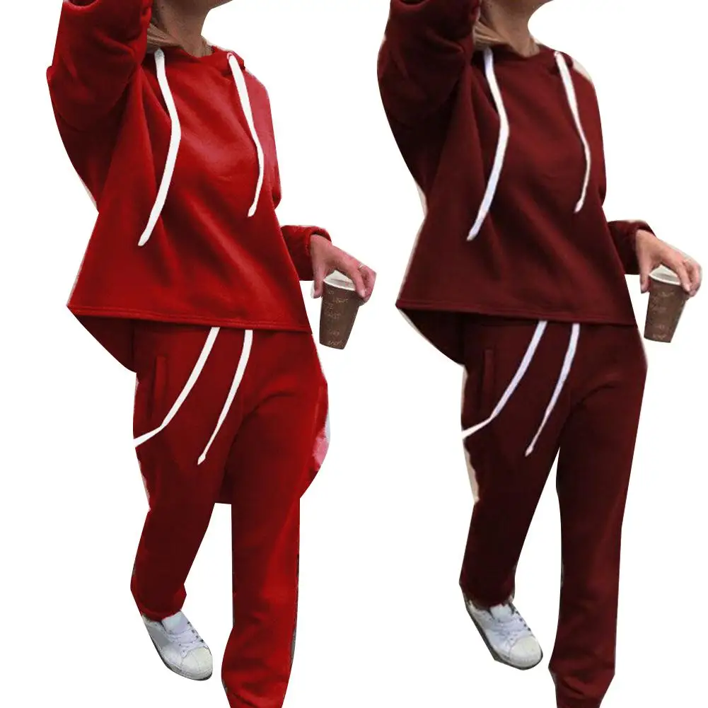 

One set women tracksuits autumn Women Solid Color Loose Hooded Sweatshirt and pant Tracksuit Sport Set