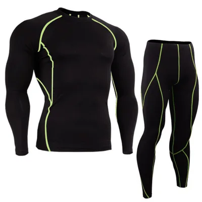 2 шт. мужской спортивный дышащий облегающий костюм для фитнеса и бега эластичные быстросохнущие влагоотводящие брюки с длинными рукавами базовый костюм - Цвет: 005