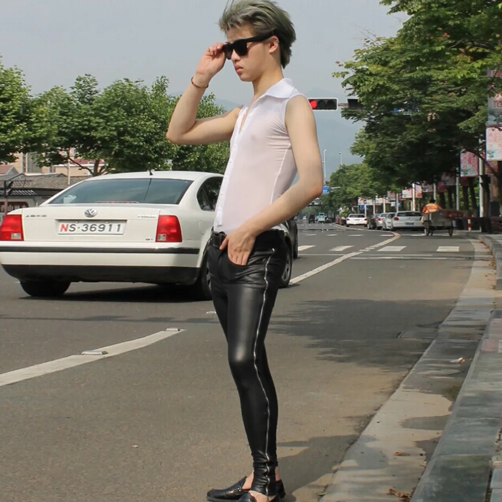 Men Sexy Pants Faux Leather Trousers Skinny Stretchy Side Zipper Nightclub Casual Stylish