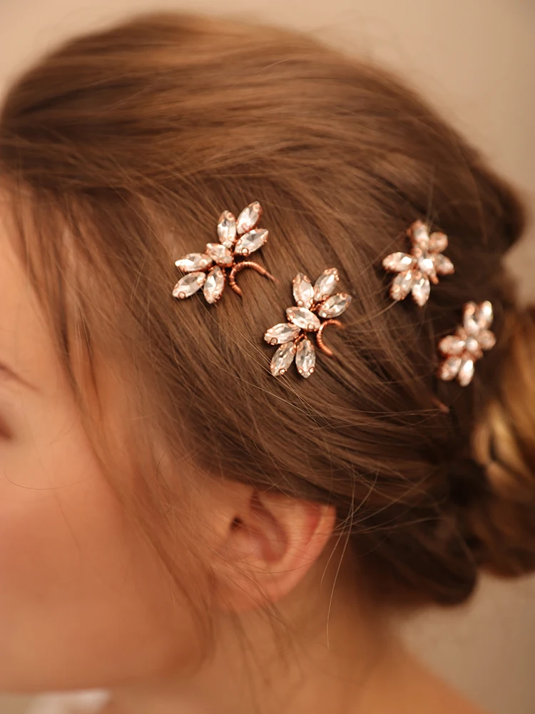 Trendy Bridal Pin Pink Silver Simple 4PCS Bridal Hairpins Rhinestones Wedding Hair Pins Wendding Ladies Hair Accessories Jewelry