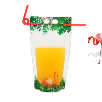 

500pcs 500ml Flamingo Fruit pattern Plastic Drink Packaging Bag for Beverage Juice Milk Coffee, with Handle and Holes for Straw#