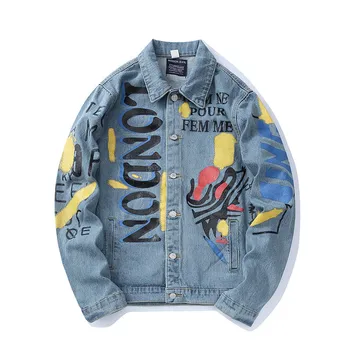 

MORUANCLE Men Fashion Hip Hop Jean Jackets Hi Street Printed Denim Trucker Jacket Outerwear For Man Graffiti Clothing Streetwear