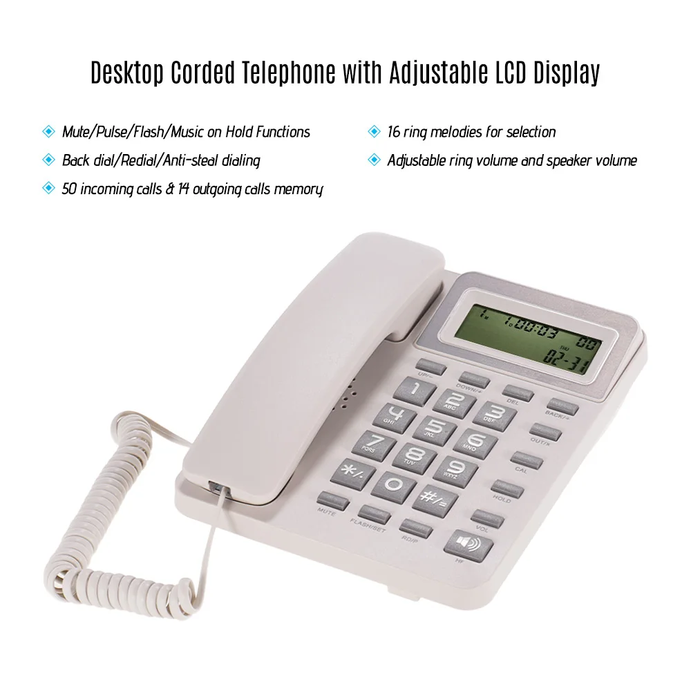 

Desktop Corded Landline Phone Fixed Telephone with LCD Display Mute/ Pause/ Hold/ Flash/ Redial/ Hands Free/ Calculator Function