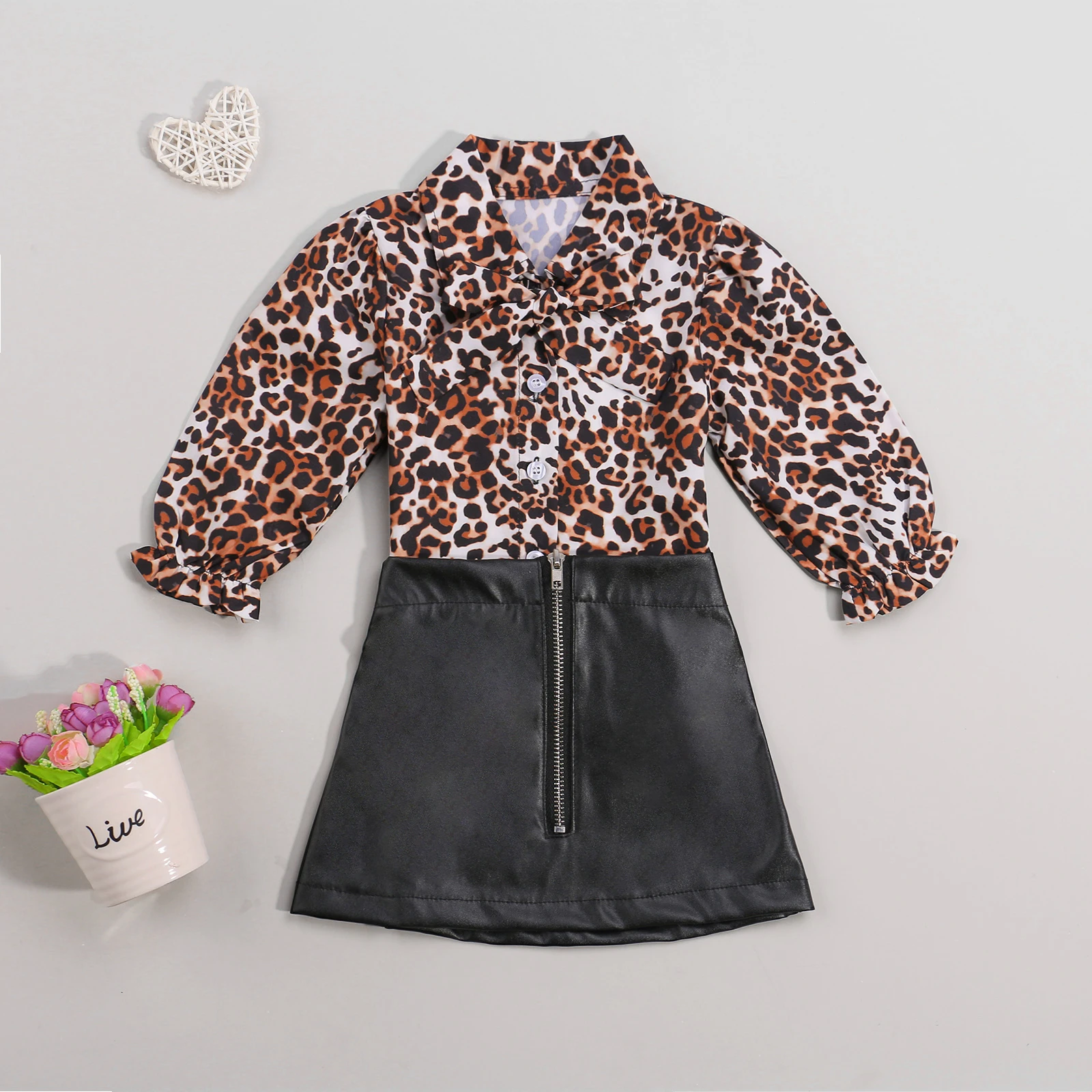 1-5Years  Autumn Fashion Baby Girls Clothes Sets 0-5Y Leopard Printed Long Sleeve Shirts Tops PU Leather A-Line Skirts 2pcs boy kid suit Clothing Sets