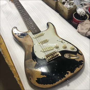 

Black used electric guitar handmade aging metal nitrocellulose paint dyed black, handmade used free shipping