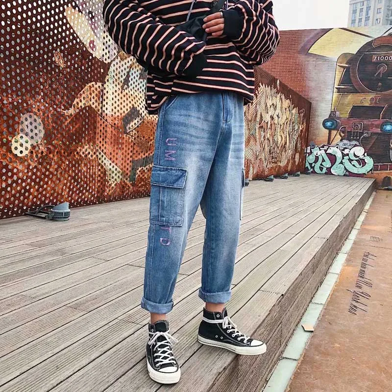 

Wholesale 2020 embroidered men's multi-pocket jeans casual teenagers ankle length pants micro-elastic loose young youth jeans