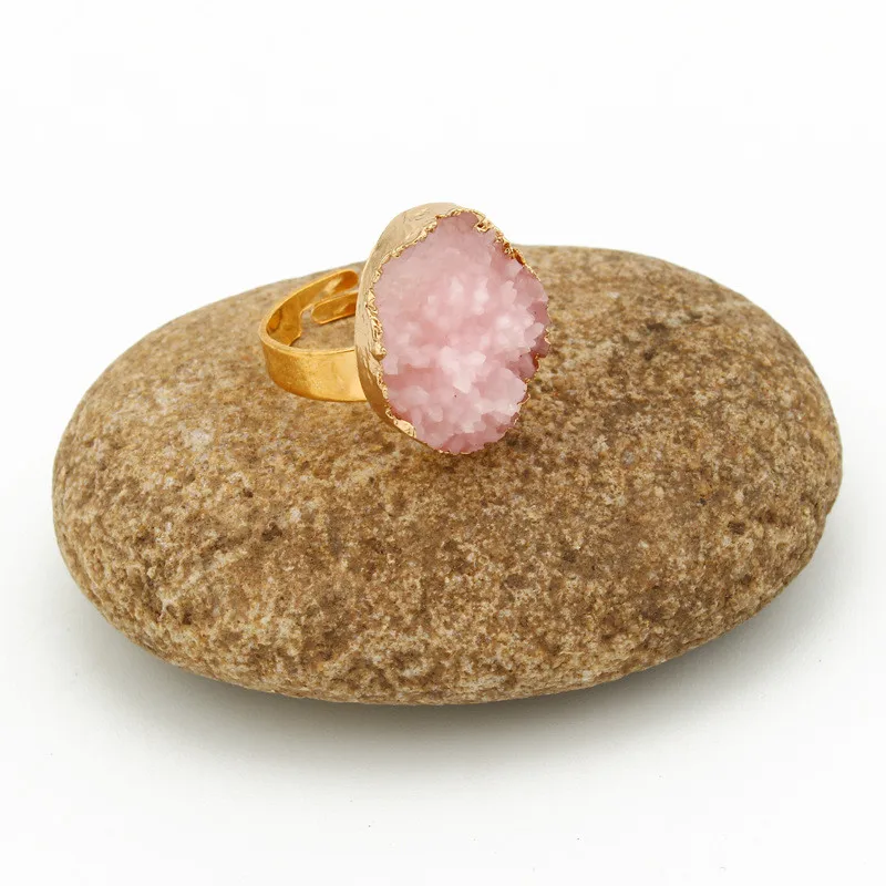2020 New Resin Rings Geode Quartz Crystal Rings Oval Pink Blue Ring Gold Plated Rings For Women Accessories Jewelry (4)