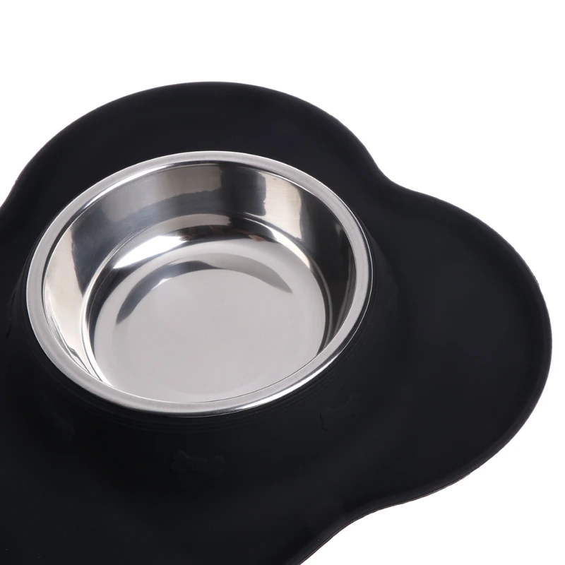 Pet Dogs Double Bowl Silicone Mat Non Slip No Spill Food Feeder Stainless Steel