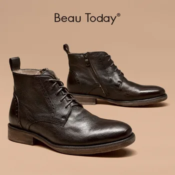 

Derby Men Boots Genuine Cow Leather Side Zipper Closure Cross-Tied Decoration Shoes Boots for Men Handmade BeauToday 54108