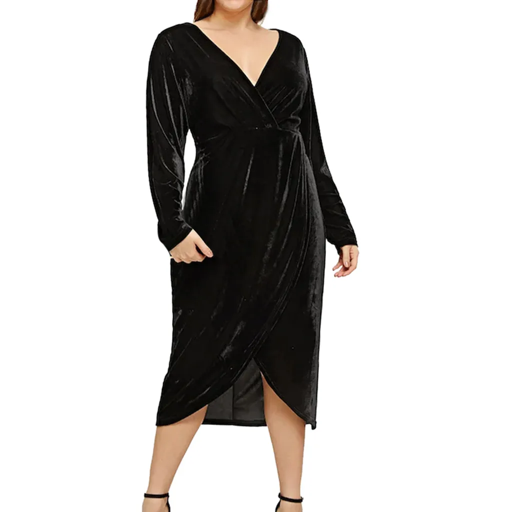 Модное женское бархатное платье, повседневное, плюс размер, однотонное платье для женщин, v-образный вырез, длинный рукав, Сплит, свободные платья, ropa mujer# D8 - Цвет: Черный