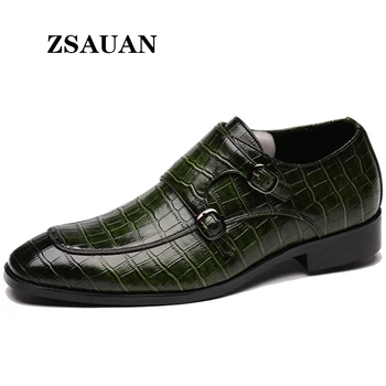 

ZSAUAN Snake Skin Pattern British Men Leather Loafers Buckle Strap Office Dress Shoes Party Wedding Gentleman Flats Size 37-48