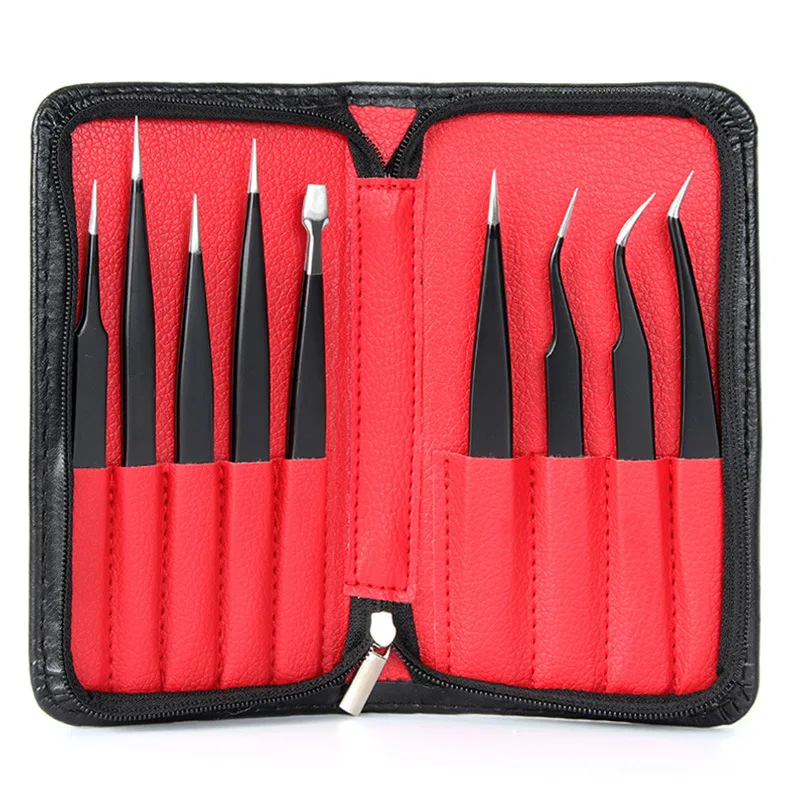 9pcs Stainless Steel Anti-Static Eyelash Tweezers Tool Kit With Leather Case Grafting Extension Eyebrow Forceps | Красота и здоровье