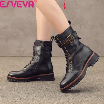 

ESVEVA 2020 Women Shoes Ankle Boots Zipper Genuine Leather Round Toe Sexy Med Heel Motorcycle Platform Solid Boot Size 34-42