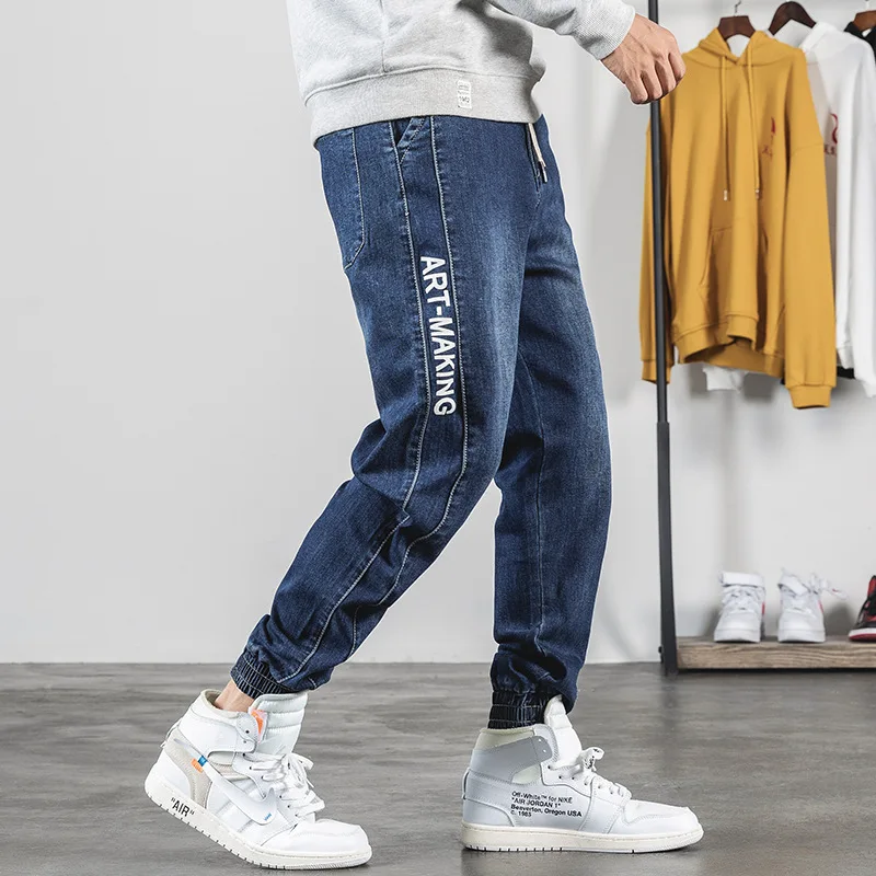 Японский стиль, модные мужские джинсы для бега, черный, синий цвет, уличная одежда, брюки в стиле панк, джинсы в стиле хип-хоп, мужские облегающие брюки-карго, Homme