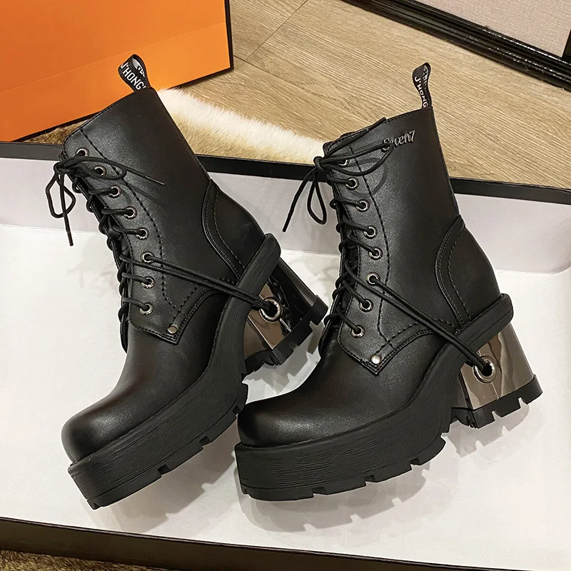 Punk Retro Platform Women's Motorcycle Boots New Street Metal Decoration Goth Ladies High Heels Pole Dance Demonia Female Shoes