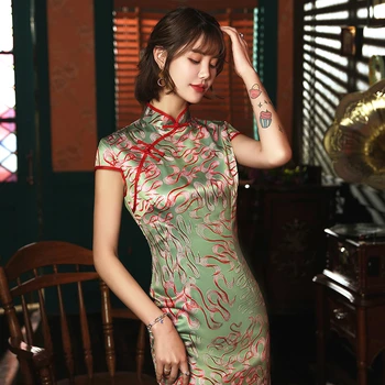

Sheng Coco Women Traditional Evening Dress Chinese Novelty Ribbon Pattern Long Silk Rayon Cheongsam Modern Summer Fashion Dress