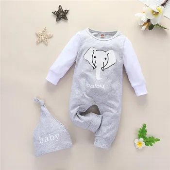 

Baby Girls Elepant Cartoon Print Rompers With Hat 2020 Autumn Casual Outfits Clothing 0-24M