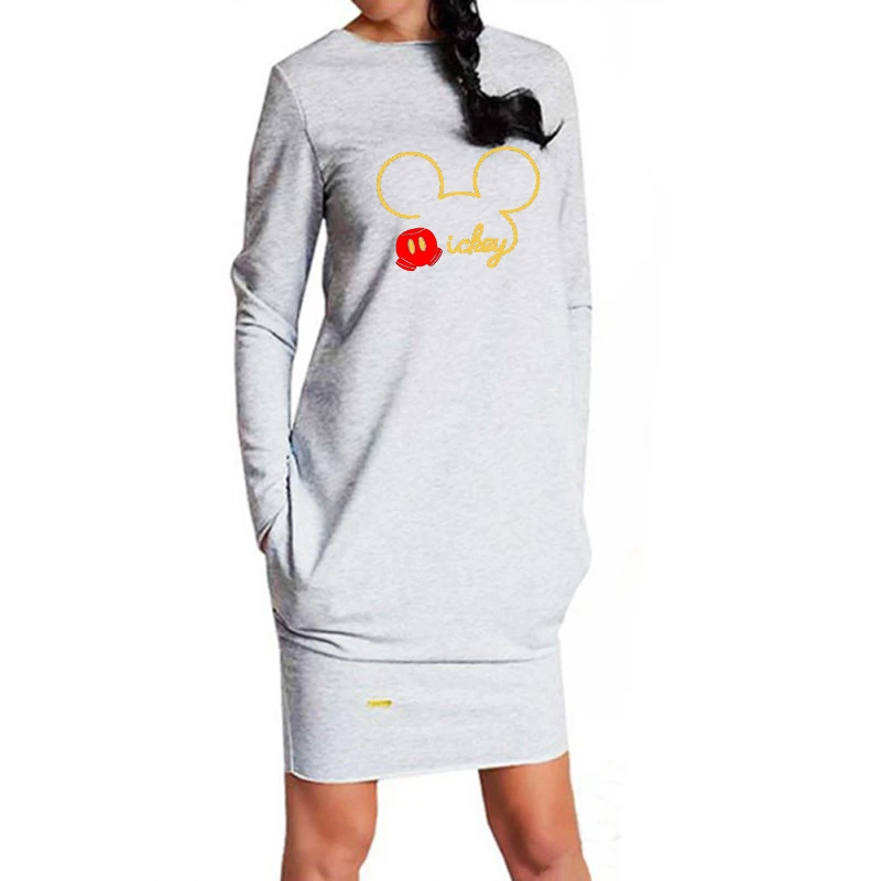  Spring Dress Women Autumn Mickey Plus Size Pocket Bodycon Dresses Vintage Clothes Woman Party Casua