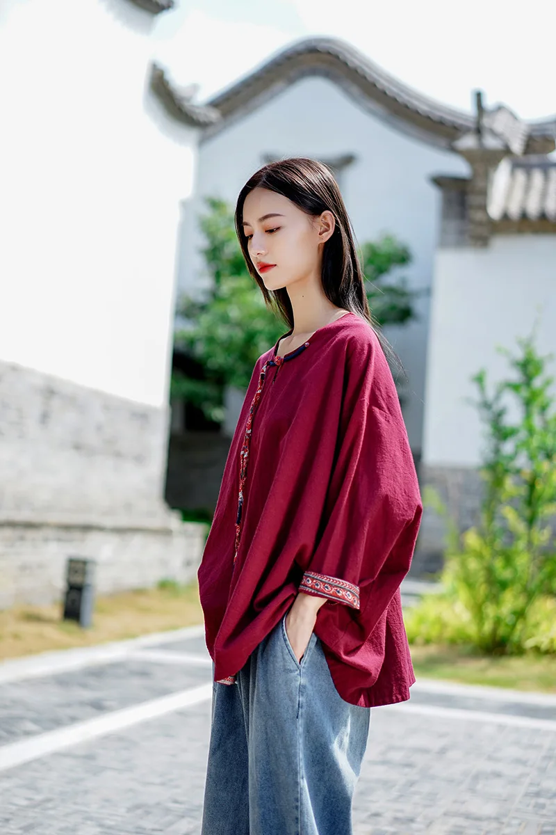 Women Loose Cotton Linen Patchwork Bat Sleeve Tees Shirts Tops Female Fall Plus Size T-shirt Ladies Batwing Sleeve Tee Shirt