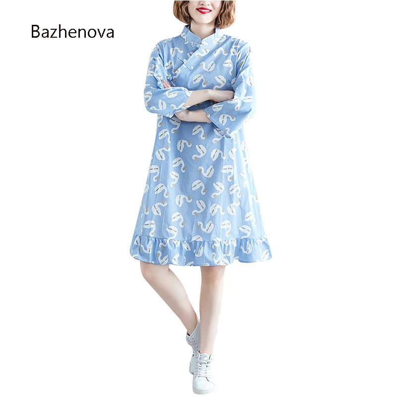 Bazhenva/женское платье Чонсам для девочек в китайском стиле, свободное платье с рисунком, офисное платье с оборками, женская одежда, R048