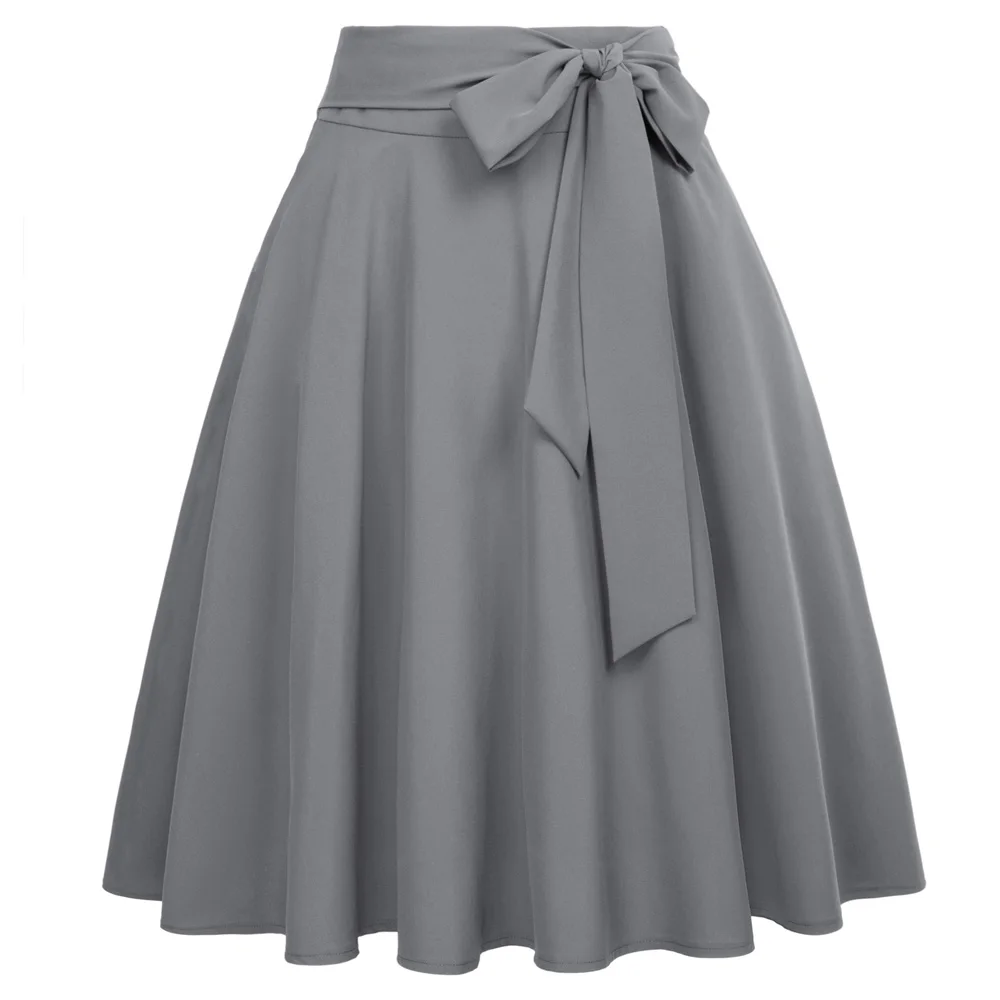 Belle Poque Осенняя плиссированная Женская юбка с завышенной талией, повседневные однотонные Юбки-миди черного цвета, винтажная Женская юбка - Цвет: Dark Gray