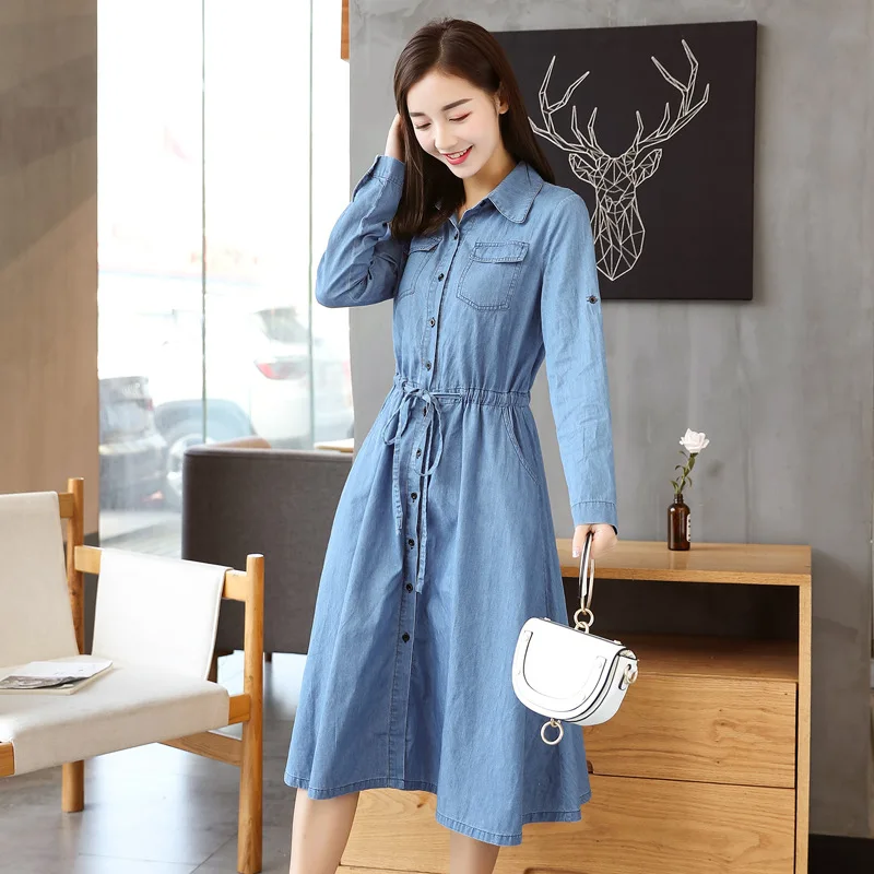 

Denim Skirt 2018 Spring New Style WOMEN'S Dress Korean-style Loose-Fit Mid-length Long-sleeved Shirt Computer Cable Lock Fashion